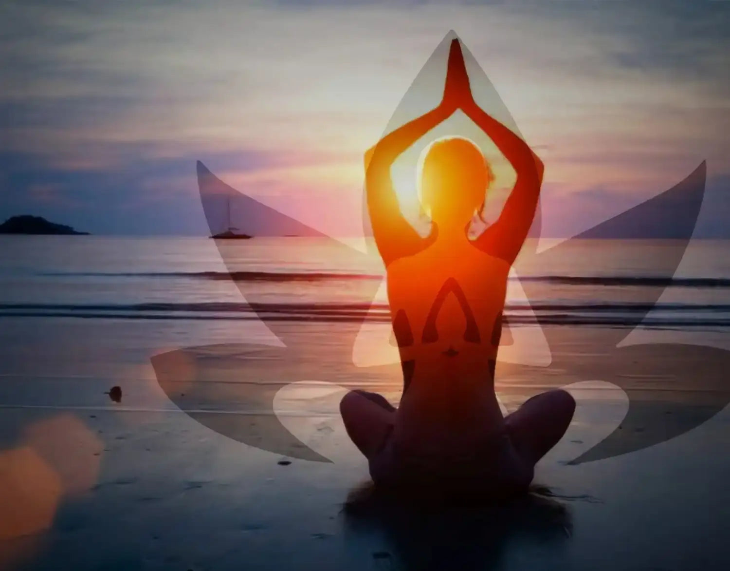 Person in a yoga pose on a beach with a sunset background